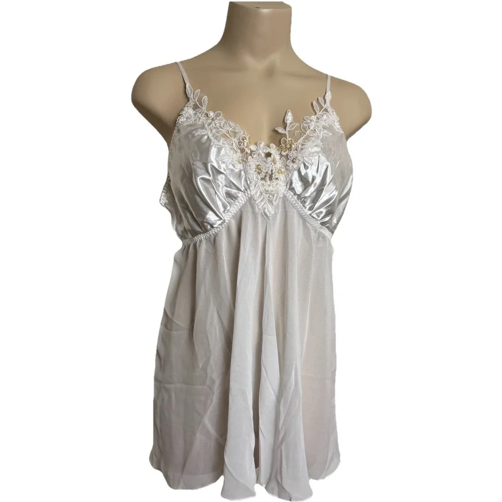 Babydoll White Satin Sheer Lace Bridal Lingerie Sz Large Fairy Beaded Coquette‎